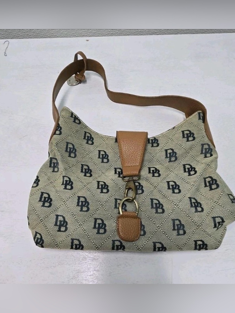 Dooney & Bourke Beige denim Monogram Canvas Shoulder Bag with Tan Trim
